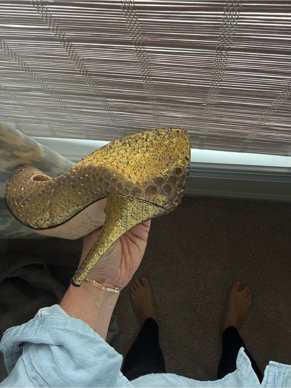 Jimmy Choo Gold Textured Pointed-Toe Pumps - Picture 5 of 11